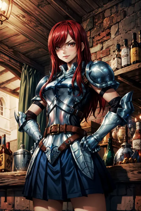 <lora:erza_v1:0.8> fairy tail, 1girl, long hair, red hair, brown eyes, armor, shoulder armor, gauntlets, breastplate, armored dress, belt, pleated skirt, blue skirt, hair over one eye, standing, hands on hips,smile,smiling,strong eyes,serious eyes,furrowed brow,bar, medieval bar,medieval guild, tavern,day,(from below),masterpiece,extremely detailed CG unity 8k wallpaper, best quality,32k,focus sharp, <lora:add_detail:0.8>, <lora:Light and Shadow:0.5>