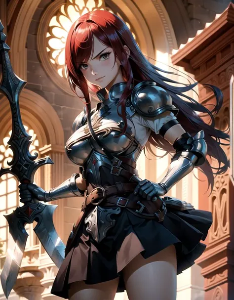 <lora:erza_v1:0.8> , outdoor, perfect lighting, (masterpiece, best quality, ultra detailed, absurdres)1.5, (elaborate atmosphere:1.4), fairy tail, 1girl, standing, long hair, red hair, brown eyes, armor, shoulder armor, gauntlets, breastplate, armored dress, belt, pleated skirt, blue skirt, hair over one eye, (large breast), perfect female body, dynamic pose, proud face, arrogant face, slightly smile, holding a weapon, holding a greatsword, full body shot