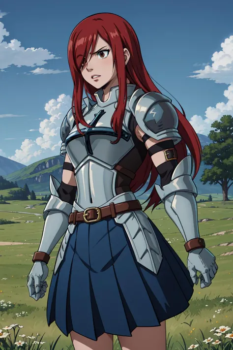 masterpiece, best quality, highres, fairy tail, 1girl, long hair, red hair, brown eyes, armor, shoulder armor, gauntlets, breastplate, armored dress, belt, pleated skirt, blue skirt, hair over one eye, <lora:erza_v1:0.8>, field, grass, standing, cowboy shot