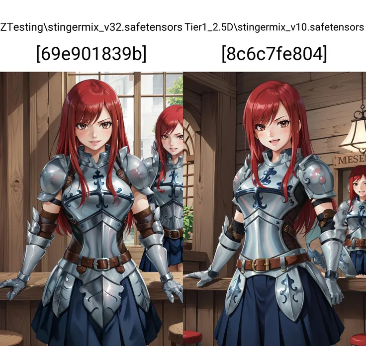 (masterpiece, best quality), intricate details,
1girl, <lora:erza_v1:0.8>fairy tail, 1girl, long hair, red hair, brown eyes, armor, shoulder armor, gauntlets, breastplate, armored dress, belt, pleated skirt, blue skirt, hair over one eye
indoors, pub, wooden barstools, drunk, laughing,