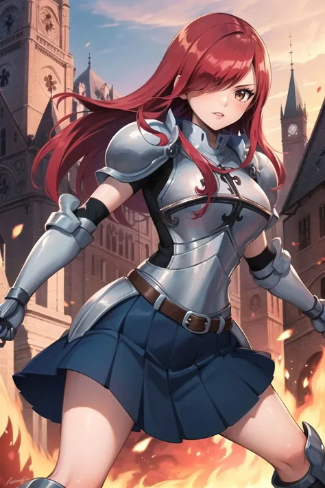 (masterpiece:1.2), (best quality:1.2), 1girl,
<lora:erza_v1:0.8>, fairy tail, 1girl, long hair, red hair, brown eyes, armor, shoulder armor, gauntlets, breastplate, armored dress, belt, pleated skirt, blue skirt, hair over one eye,
battle stance, medieval city