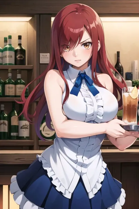 (masterpiece:1.2), (best quality:1.2), 1girl, 
<lora:erza_v1:0.8>, fairy tail, 1girl, long hair, red hair, brown eyes, neck ribbon, bare shoulders, white shirt, sleeveless, center frills, blue skirt, hair over one eye
battle stance, in the bar,