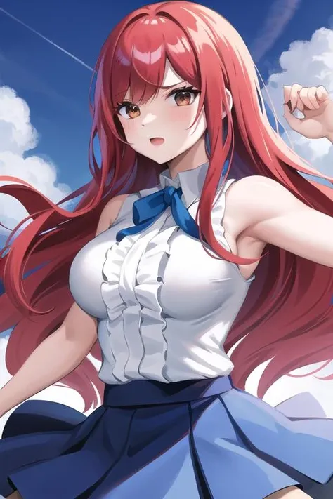 best quality, masterpiece, 
1girl, solo, <lora:erza_v1:0.8>,
fairy tail, 1girl, long hair, red hair, brown eyes, neck ribbon, bare shoulders, white shirt, sleeveless, center frills, blue skirt, hair over one eye,