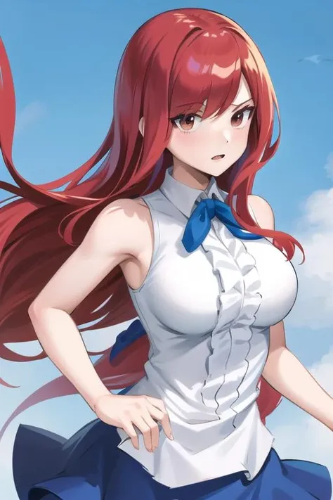 best quality, masterpiece,
1girl, solo, <lora:erza_v1:0.8>,
fairy tail, 1girl, long hair, red hair, brown eyes, neck ribbon, bare shoulders, white shirt, sleeveless, center frills, blue skirt, hair over one eye,