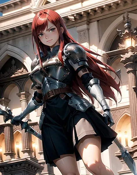 Red warrior, long hair, detailed, 1 girl, beautiful, 8k, artwork, ultra realistic, medieval fantasy, armor, steel breastplate, steel gauntlets, steel gloves, kneeling, from behind, bending, leaning, steel boots, short skirt, red skirt, back, white panties, thong, thong panties, panties appearing, view from below, cupskirt, ameltoe, nsfw, pantyshot, RAW