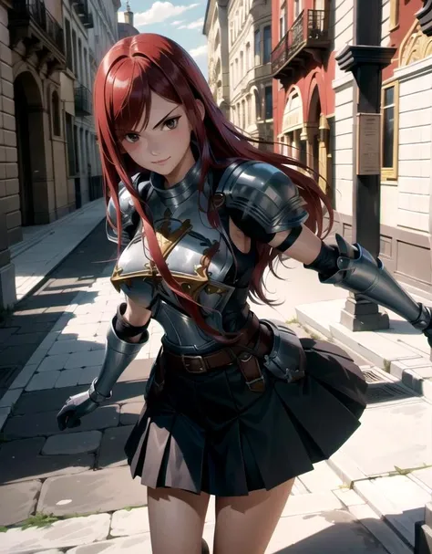 <lora:erza_v1:0.8> , outdoor, perfect lighting, walking on the town center, (masterpiece, best quality, ultra detailed, absurdres)1.5, (elaborate atmosphere:1.4), fairy tail, 1girl, long hair, red hair, brown eyes, armor, shoulder armor, gauntlets, breastplate, armored dress, belt, pleated skirt, blue skirt, hair over one eye, large breast, dynamic pose, proud face, arrogant face, slightly smile, grabbing a greatsword, full body shot