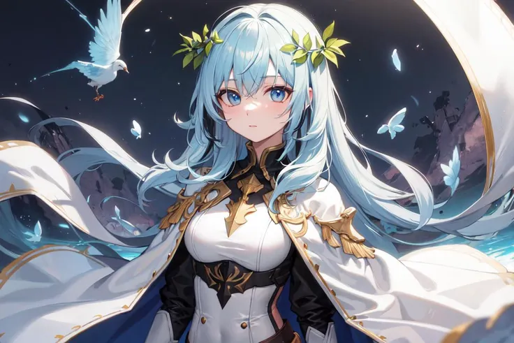 masterpiece, highres, soldier,white cape, bodysuit, laurel wreath, colored inner hair, two-tone hair, elementals