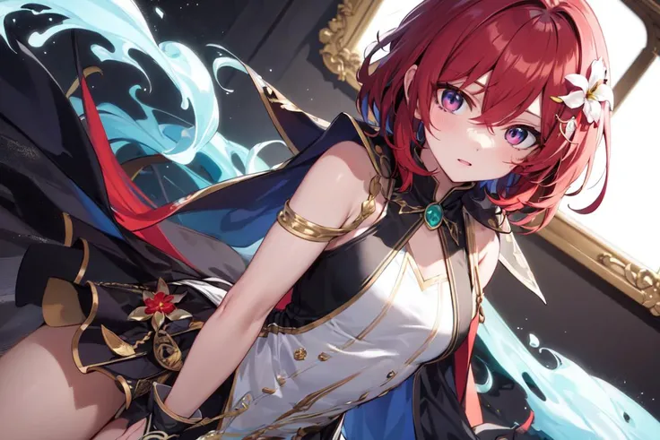 masterpiece, highres, deep-red_hair, mint_eyes, hair flower, magician, eye, solo_focus, solo, straight_hair, two-tone hair, deep skin, DYNAMIC_angle,