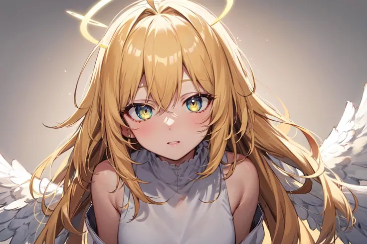 masterpiece, best quality, mint_eyes, ahoge, heaven, solo_focus, solo, upper_body, adult, yellow_hair, dynamic_angle, straight_hair, angel, halo, angel_wngs, glowing_eyes, mature female, angel