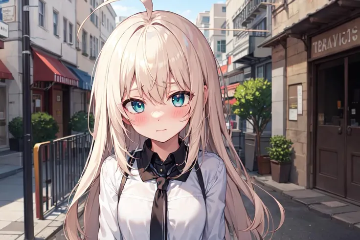 masterpiece, best quality, platinum blonde hair, mint_eyes, ahoge, street, solo_focus, solo, upper_body, blush, shy