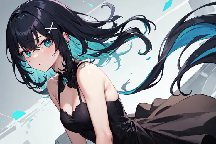 masterpiece, highres, deep-blue_hair, mint_eyes, x hair ornament, black_dress, eye, solo_focus, solo, straight_hair, two-tone hair, deep skin, DYNAMIC_angle