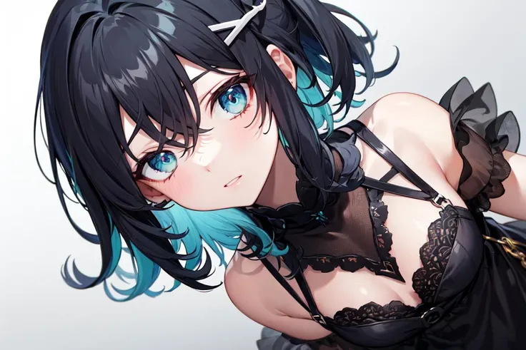 masterpiece, highres, deep-blue_hair, mint_eyes, x hair ornament, black_dress, eye, solo_focus, solo, straight_hair, two-tone hair, deep skin, DYNAMIC_angle