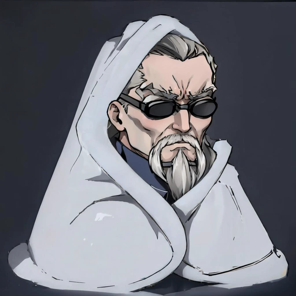 masterpiece, best quality, <lora:zs_Mido:0.9> midosmt, facial hair, sunglasses, beard, old man, serious, furrowed brow <lora:cozyblanket-nvwls-v1:1.1> cozyblanket, chibi, simple background