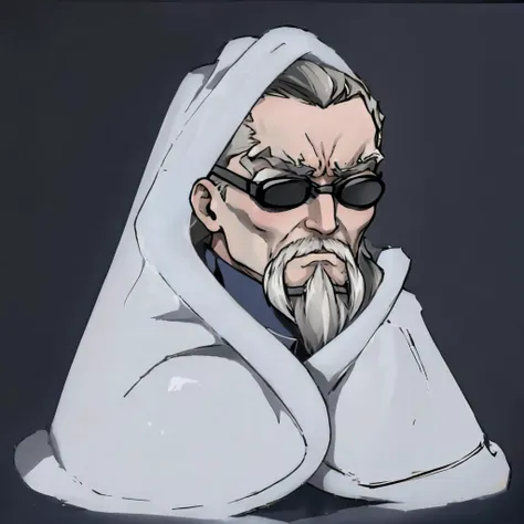 masterpiece, best quality,   <lora:zs_Mido:0.9> midosmt, facial hair, sunglasses,  beard, old man, serious, furrowed brow <lora:cozyblanket-nvwls-v1:1.1> cozyblanket, chibi, simple background