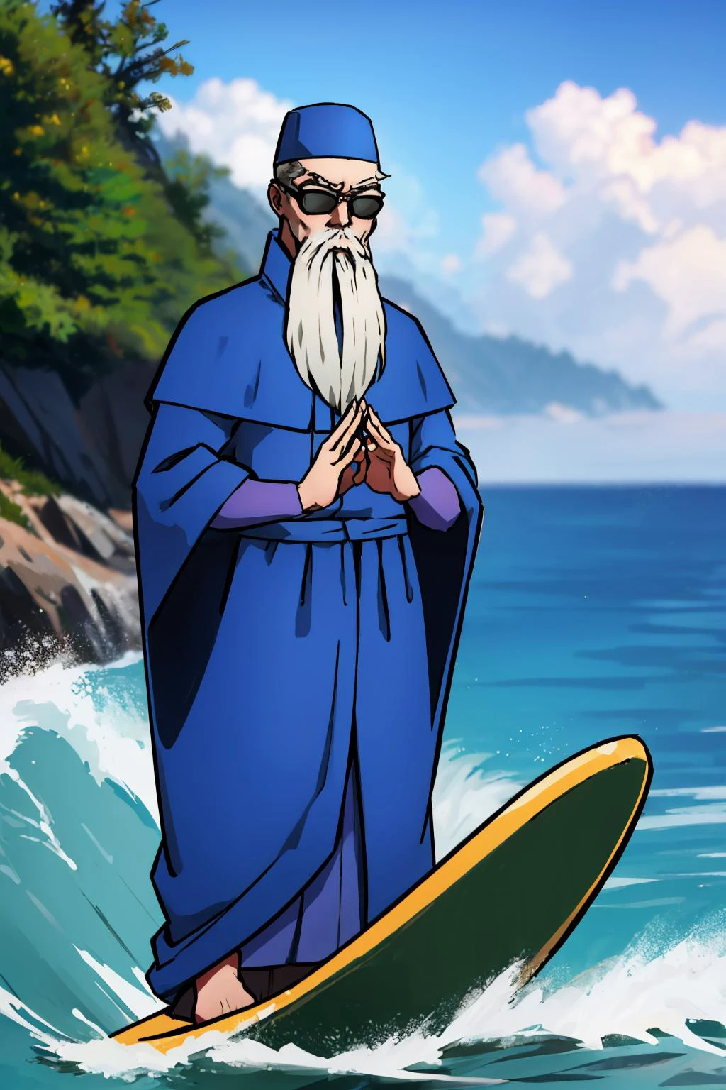 masterpiece, best quality, <lora:zs_Mido:1> midosmt, facial hair, sunglasses, hat, beard, old man, blue robe, serious, furrowed brow <lora:Surfing:0.8> Surfing, ocean