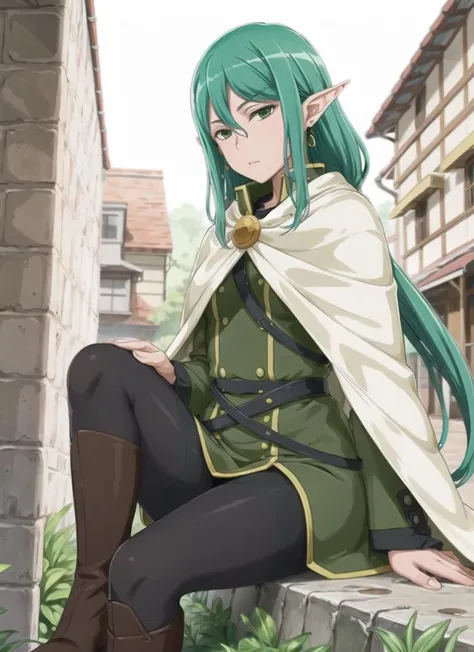 riveria, 1girl, solo, long hair, green hair, green eyes, boots, cape, jewelry, earrings, brown footwear, robe, knee boots, tights, black pantyhose, androgynous <lora:riveria_v1:0.8> outdoor, sitting, cowboy shot, legs<lora:more_details:0.1>