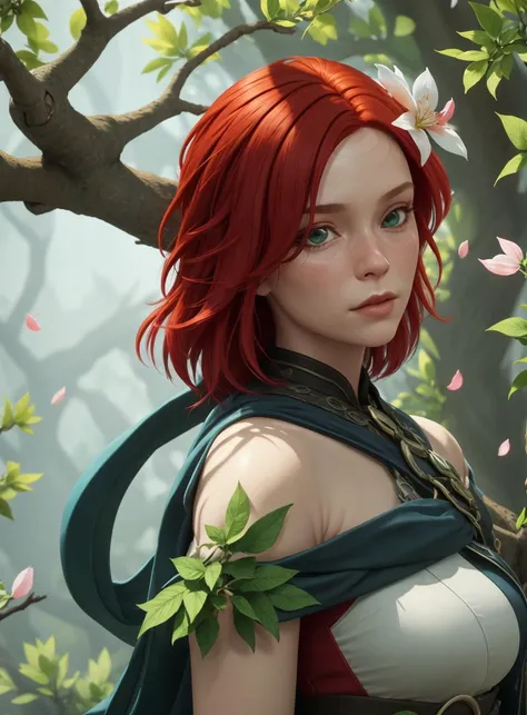 3d, barefoot, red hair, branch, cherry_blossoms, depth_of_field, looking_at_viewer, photo_background, solo, tree,, complex 3d render ultra detailed, 150 mm, vibrant details, luxurious, lace, hyperrealistic, anatomical, facial muscles, elegant, beautiful background, octane render, H. R. Giger style, 8k, best quality, masterpiece, illustration, extremely detailed ,CG ,unity ,wallpaper, (realistic, photo-realistic:1),Amazing, finely detail, masterpiece,best quality,official art, extremely detailed CG unity 8k wallpaper, absurdres, <lora:windrangerArcanaDota_10:0.6>