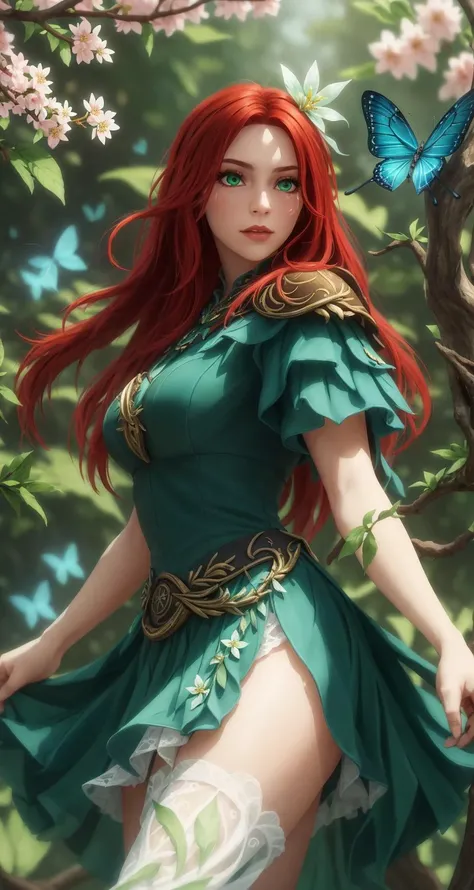 Women with Antlers and Bright Red hair wearing a Short green dress made of leaves and flowers with butterflies all around her and in her hair, she has lots of freckles. She has big boobs and is thicc. Posing in a woodland setting.
