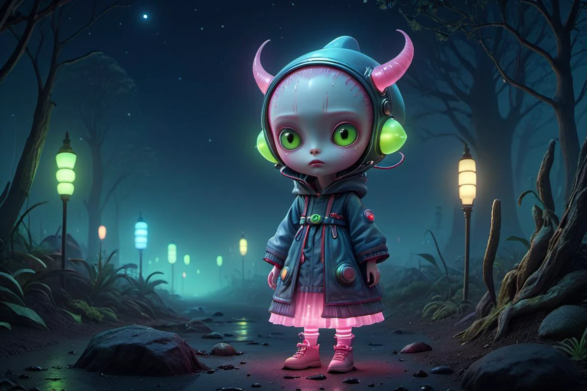 cute little Japanese (alien:1.1) anime, l, detailed scene, perfect face, intricately detailed photorealism, trending on artstation, neon lights, misty night, stunning full body anime art by (Mark Ryden:1.1) <lora:Nicoletta_Ceccoli_2:0.4> Nicoletta Ceccoli, subsurface scattering, ultra hd, 4k, high def, Photorealistic, Hyperrealistic, Hyper detailed, analog style, realistic, masterpiece, best quality, ultra realistic, 8k, Intricate, High Detail, film photography, soft lighting, heavy shadow