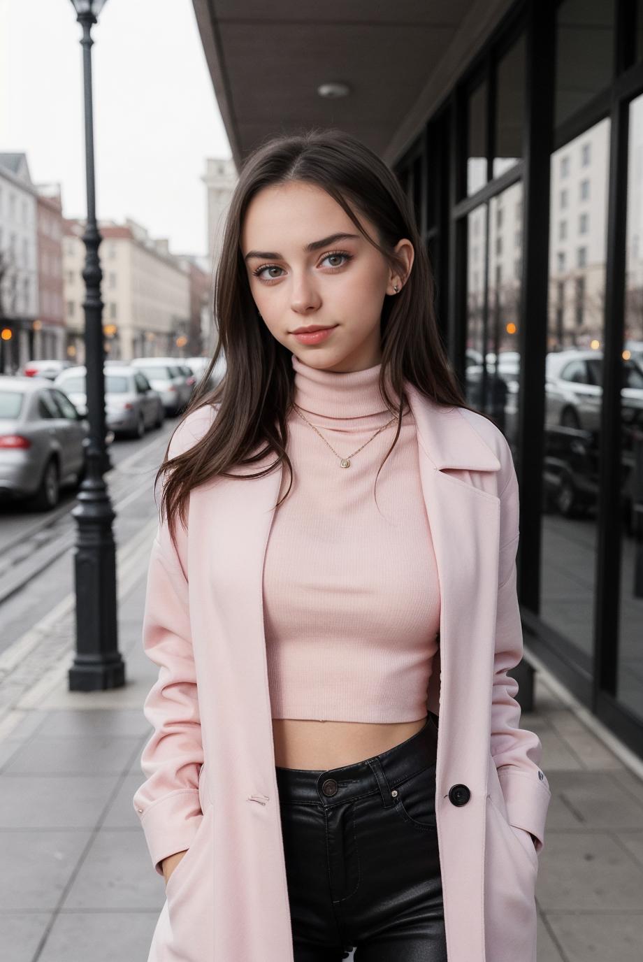 A woman in a pink coat and black pants standing on a sidewalk - SeaArt AI