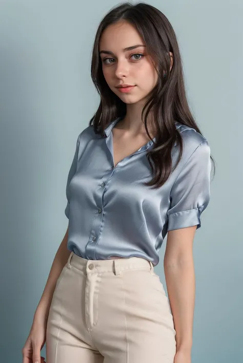 (​masterpiece, best quality:1.5), highest quality, High resolution, super detailed, Realists, Full body photo of a young European brunette, detailed and beautiful brown eyes, very detailed eyes and face, longeyelashes, the young woman wears a long dark blue shirt made of shiny satin and tight white long trousers, beautiful natural makeup, elegant and noble々Pose, Gardens as background, soft daylight, bright colors, fine brushstrokes, shiny fabric for clothing, beautiful color palette, glowing skin, First-class rendering, that captures every detail, enchanting atmosphere, subtle shadows and lights, (perfect ???????:1.2), (The stunning young woman stands in a clothing store and is excited about the selection, browse through the clothes, (magnificent panorama view:1.2)