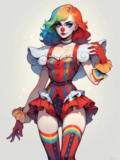 score_9, score_8_up, score_7_up, score_6_up,  1girl, <lora:c1rcus2XLP:0.6> c1rcus, clown, multicolored hair, thighhighs, gloves, makeup, striped