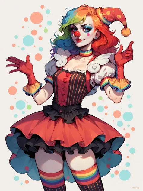 score_9, score_8_up, score_7_up, score_6_up,  1girl, <lora:c1rcus2XLP:0.6> c1rcus, clown, multicolored hair, thighhighs, gloves, makeup, striped, hat