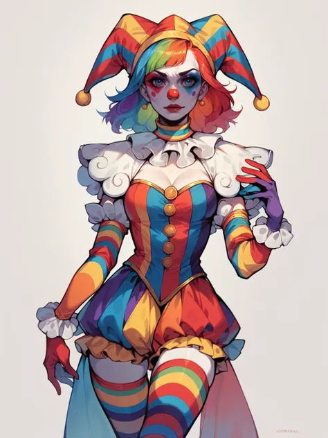 score_9, score_8_up, score_7_up, score_6_up,  1girl, <lora:c1rcus2XLP:0.6> c1rcus, clown, multicolored hair, thighhighs, gloves, makeup, striped, jester cap