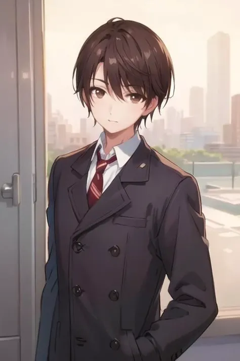 masterpiece, best quality, ultra-detailed, illustration, 1boy, solo, male focus, looking at viewer, , depth of field, <lora:yuuta_kadowaki:0.78>, yuuta_kadowaki, brown hair, brown eyes, coat