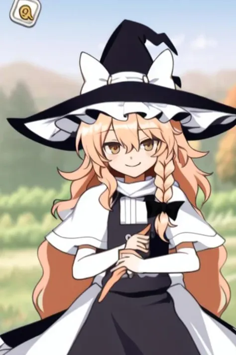 <lora:cblive2d-pixai:0.8> cblive2d, 1girl, kirisame marisa, smile, witch hat, single braid, black dress, white capelet