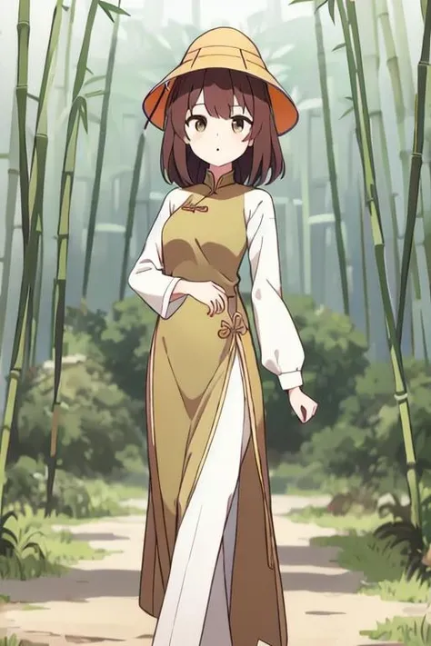 1girl, vietnamese dress, brown hair, brown eyes, conical hat, green dress, white pants, bamboo forest <lora:cblive2d:1>