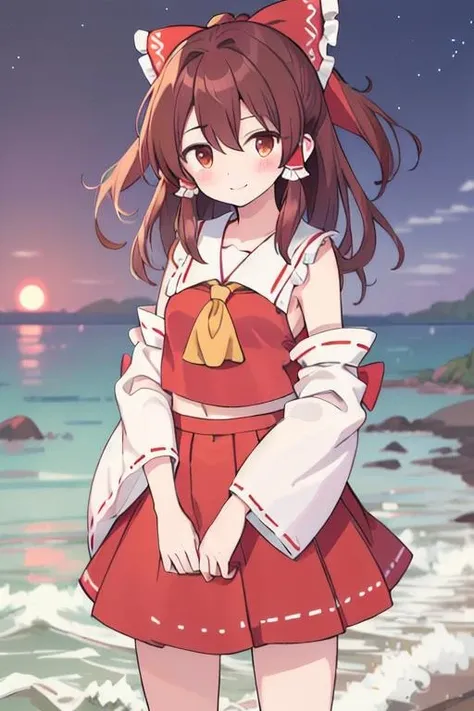 1girl, hakurei reimu, smile, blush, brown hair, brown eyes, white collar, red shirt, red skirt, standing, seaside <lora:cblive2d:1>