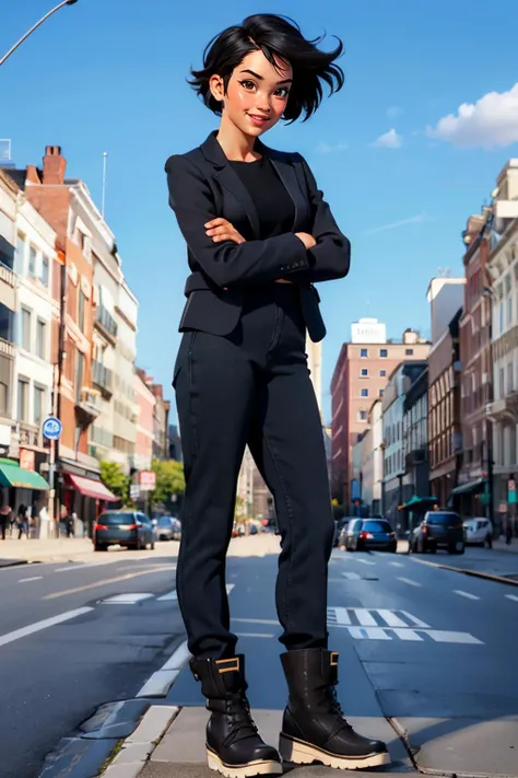 asuka, brown eyes, short black hair,black suit jacket, black shirt, black pants, boots, looking at viewer,smiling, full body shot, standing, arms crossed, outside, city, street, blue sky, high quality, masterpiece high quality, masterpiece <lora:asuka:.8>