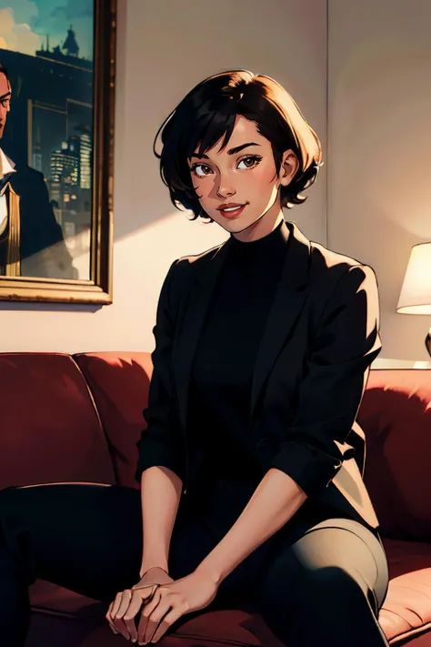 asuka, brown eyes, short black hair,black suit jacket, black shirt, black pants,looking at viewer, smiling, sitting, on sofa, inside fancy living room, soft lighting, high quality, masterpiece <lora:asuka:.7>