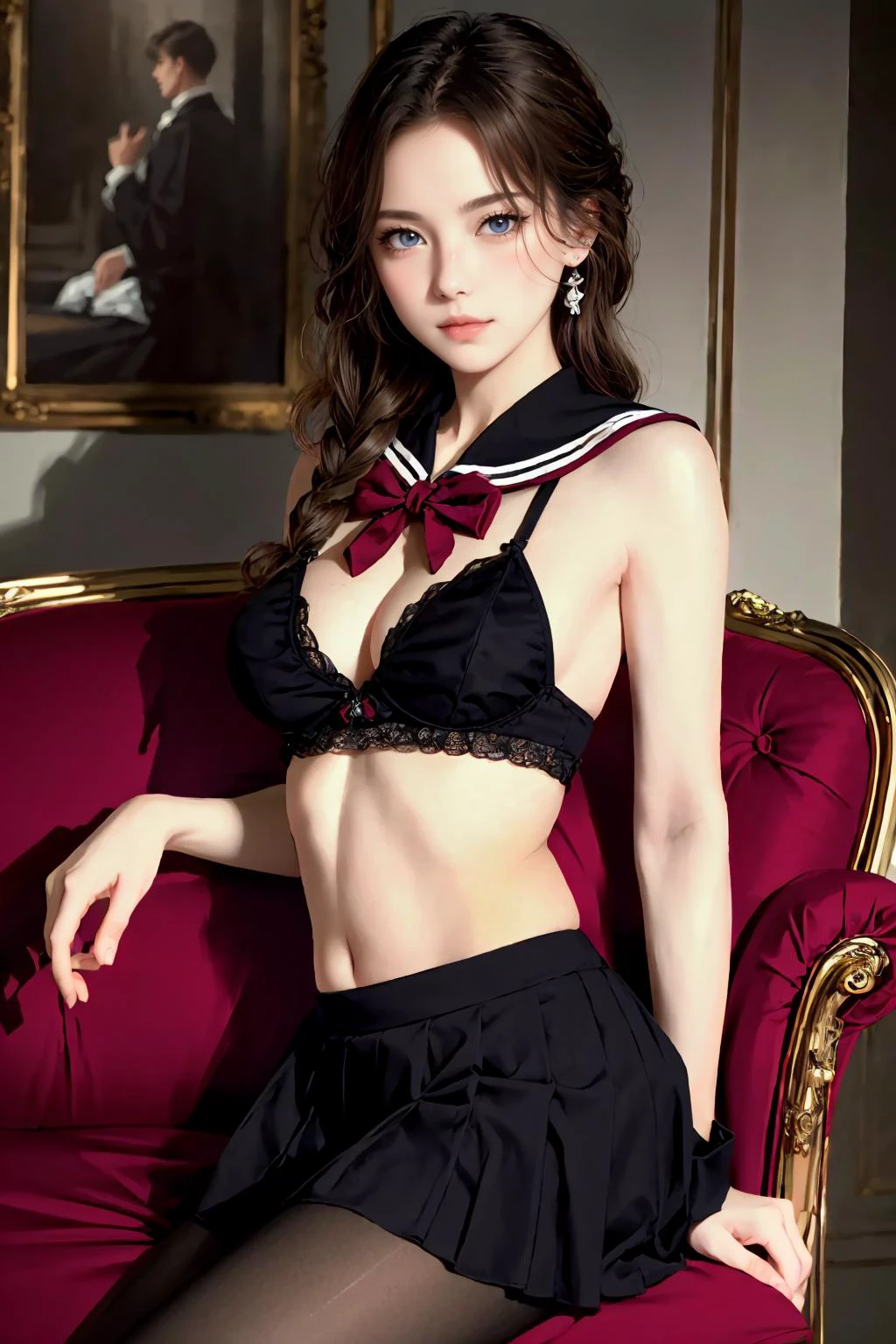 1girl, <lora:tutuZF:0.8> tutututu,red_skirt, school uniform, black_bra, underwear, lingerie, midriff, red_sailor_collar, high heels,(black pantyhose),nsfw,
(ultra realistic,32k, masterpiece:1.2),(high detailed skin:1.1),( high quality:1.1),
detailed hair,
intricate detail,
(detailed realistic background:1.3),
realistic lighting,
[cinematic lighting|sunset lighting],
hyperrealism,
soothing tones,
muted colors,
high contrast,
soft light,
sharp,
artistic photoshoot,
snake braid ginger hair,
cute,slender,european, eyes,pale cheeks,square face shape with angular jaw,natural "no-makeup" makeup,freckles,
Petite, senior,modest breasts, 
Victorian, Mahognany , Velvet drapes, Sofa, Chairs,
