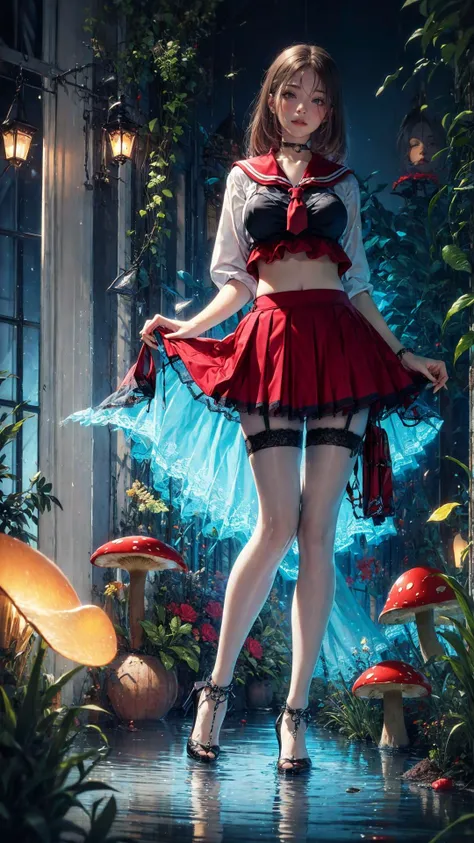 tutututu,red_skirt, school uniform, black_bra, underwear, lingerie, midriff, red_sailor_collar, high heels,(black pantyhose),
Adult Alice in wonderland standing in stream, large mushrooms in background , highly detailed, Beautiful lighting, photoreal, 4k, depth of field, night scene, light from godrays shining on ground,
<lora:tutuZFV5_00004:0.8>