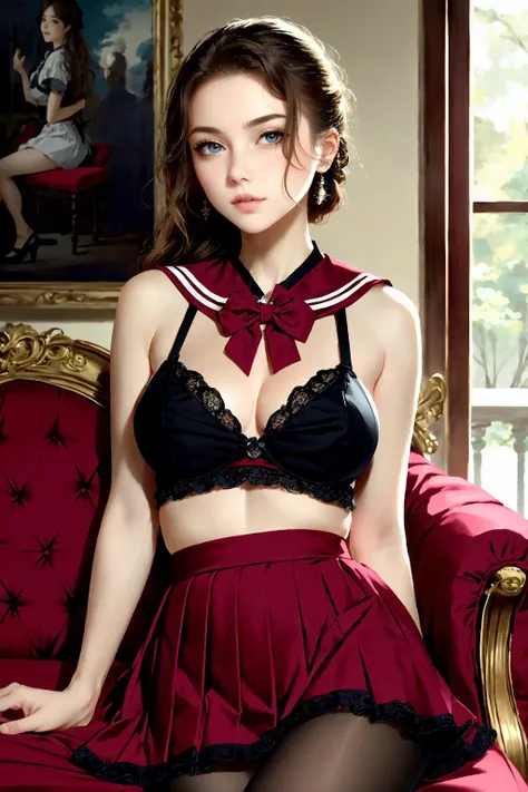 1girl, <lora:tutuZF:0.8> tutututu,red_skirt, school uniform, black_bra, underwear, lingerie, midriff, red_sailor_collar, high heels,(black pantyhose),nsfw,
(ultra realistic,32k, masterpiece:1.2),(high detailed skin:1.1),( high quality:1.1),
detailed hair,
intricate detail,
(detailed realistic background:1.3),
realistic lighting,
[cinematic lighting|sunset lighting],
hyperrealism,
soothing tones,
muted colors,
high contrast,
soft light,
sharp,
artistic photoshoot,
milkmaid braid ginger hair,
cute,slender,european, eyes,pale cheeks,square face shape with angular jaw,natural "no-makeup" makeup,freckles,
Petite, senior,F-cup breasts, 
Victorian, Mahognany , Velvet drapes, Sofa, Chairs,