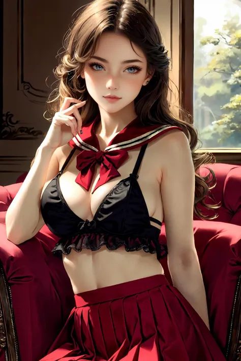 1girl, <lora:tutuZF:0.8> tutututu,red_skirt, school uniform, black_bra, underwear, lingerie, midriff, red_sailor_collar, high heels,(black pantyhose),nsfw,
(ultra realistic,32k, masterpiece:1.2),(high detailed skin:1.1),( high quality:1.1),
detailed hair,
intricate detail,
(detailed realistic background:1.3),
realistic lighting,
[cinematic lighting|sunset lighting],
hyperrealism,
soothing tones,
muted colors,
high contrast,
soft light,
sharp,
artistic photoshoot,
ladder braid ginger hair,
cute,slender,european, eyes,pale cheeks,square face shape with angular jaw,natural "no-makeup" makeup,freckles,
Petite, senior,large breasts, 
Victorian, Mahognany , Velvet drapes, Sofa, Chairs,