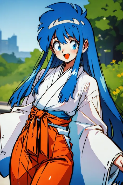 1girl,  looking at viewer, smile, open mouth, (cowboy shot:1.2), outdoors, 
retro artstyle, okinu-chan, blue eyes,  blue hair, sidelocks,  long hair, very long hair, low-tied long hair,  japanese clothes, (white kimono:1.1), long sleeves, (red hakama:1.1), (red hakama skirt:1.1), tabi, <lora:okinu-chan_lola_ver1:0.7>, best quality, masterpiece, highres, <lora:GoodHands-vanilla:1>