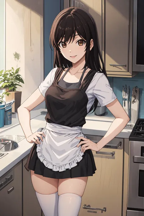 (best quality), (masterpiece), sahoto_ashisu, shirt, apron, thighhighs, looking at viewer, smiling, kitchen, <lora:sahoto_ashisu:1>