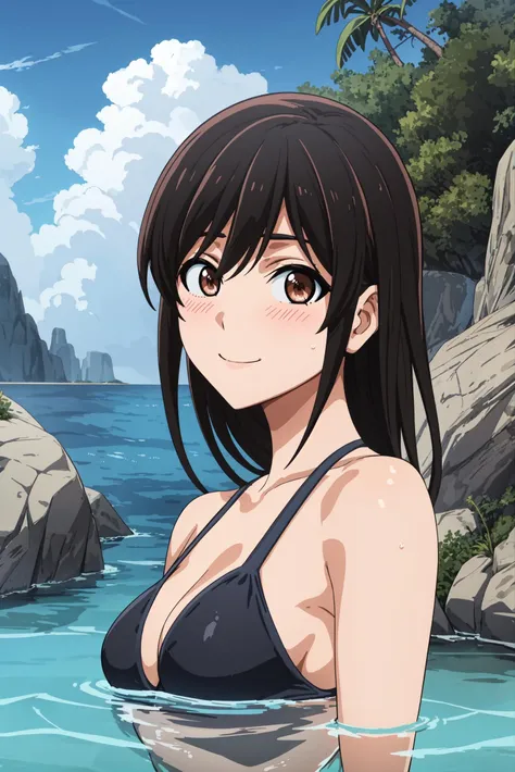 (best quality), (masterpiece), sahoto_ashisu, swimsuit, partially submerged, ocean, looking at viewer, smiling, blush, islands, rocks, <lora:sahoto_ashisu:1>