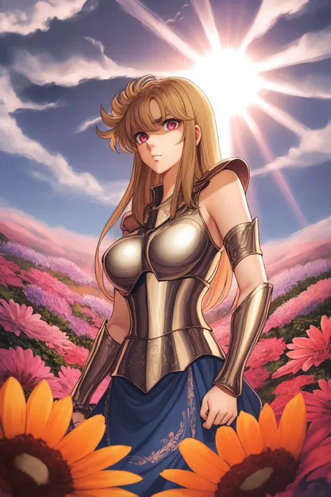 portrait, solo, 1girl, large breasts, sad, armor, god rays, field of flowers <lora:Masami_Kurumada_style_v01:1>