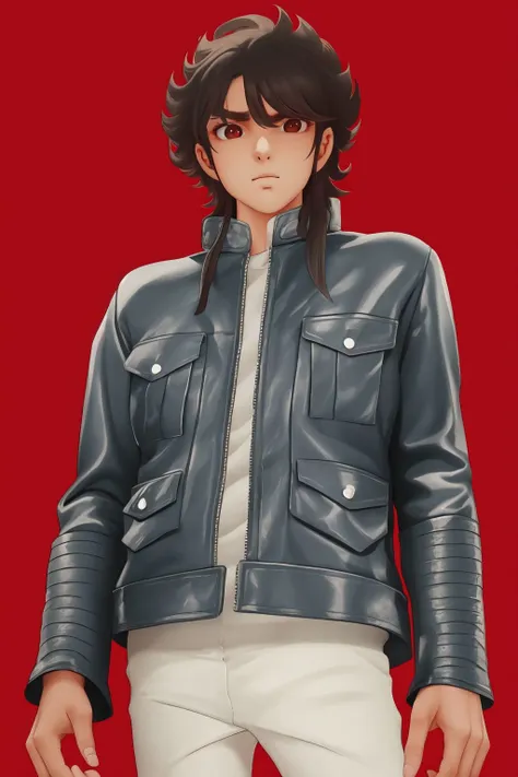 upper body, solo, 1boy, looking at viewer, lonely, leather jacket, simple background <lora:Masami_Kurumada_style_v02.09:1>