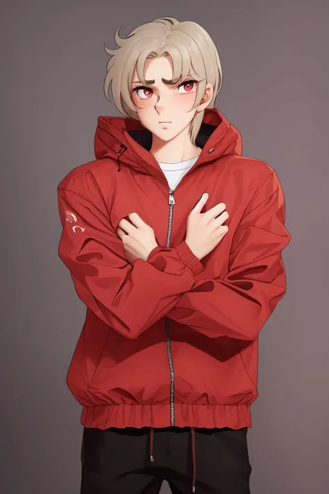 portrait, solo, 1boy, looking at viewer, embarrassed, windbreaker, simple background <lora:Masami_Kurumada_style_v02.09:1>