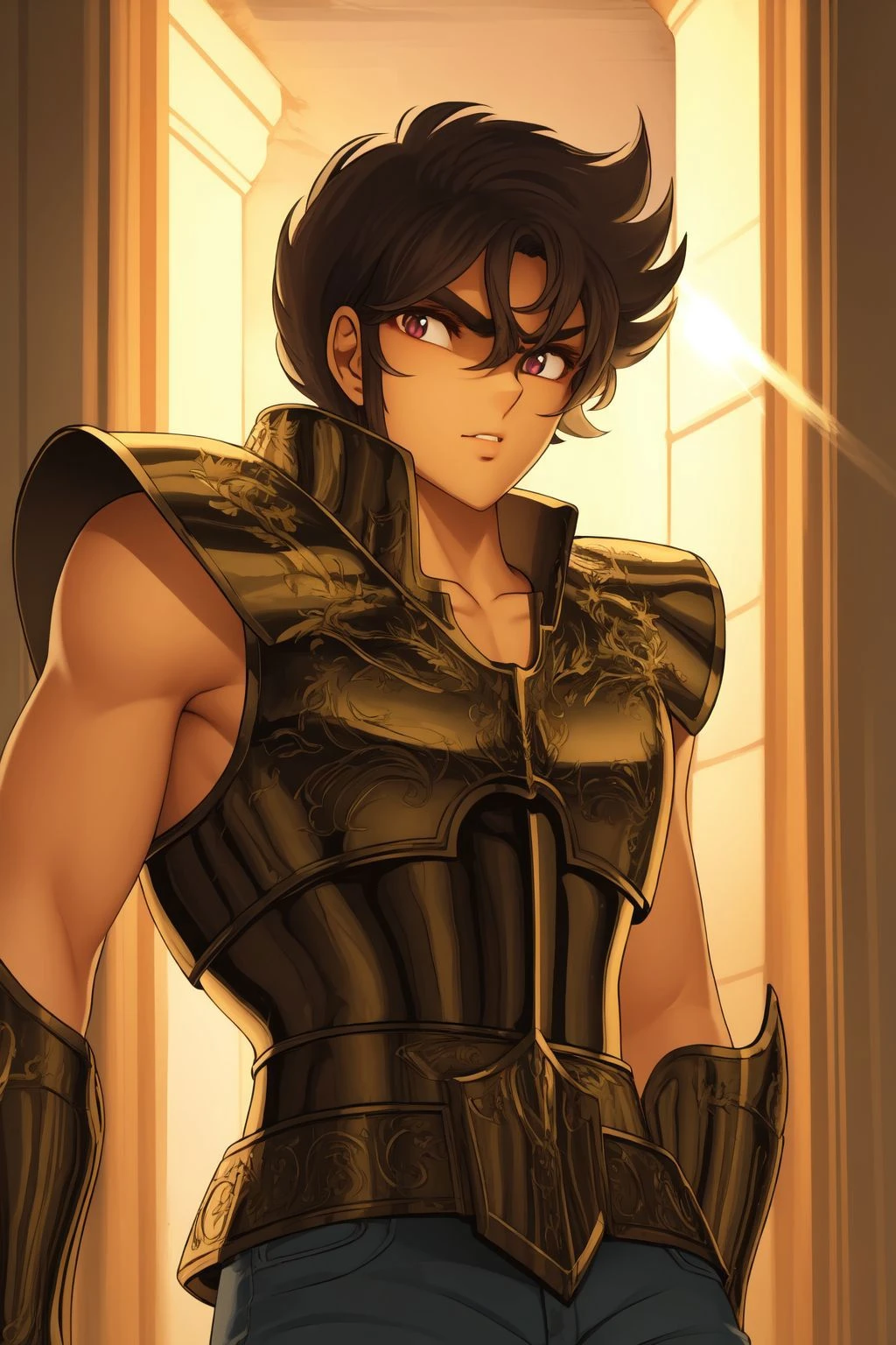 upper body, solo, 1boy, withdrawn, armor, , sunbeam, gothic <lora:Masami_Kurumada_style_v01:1>