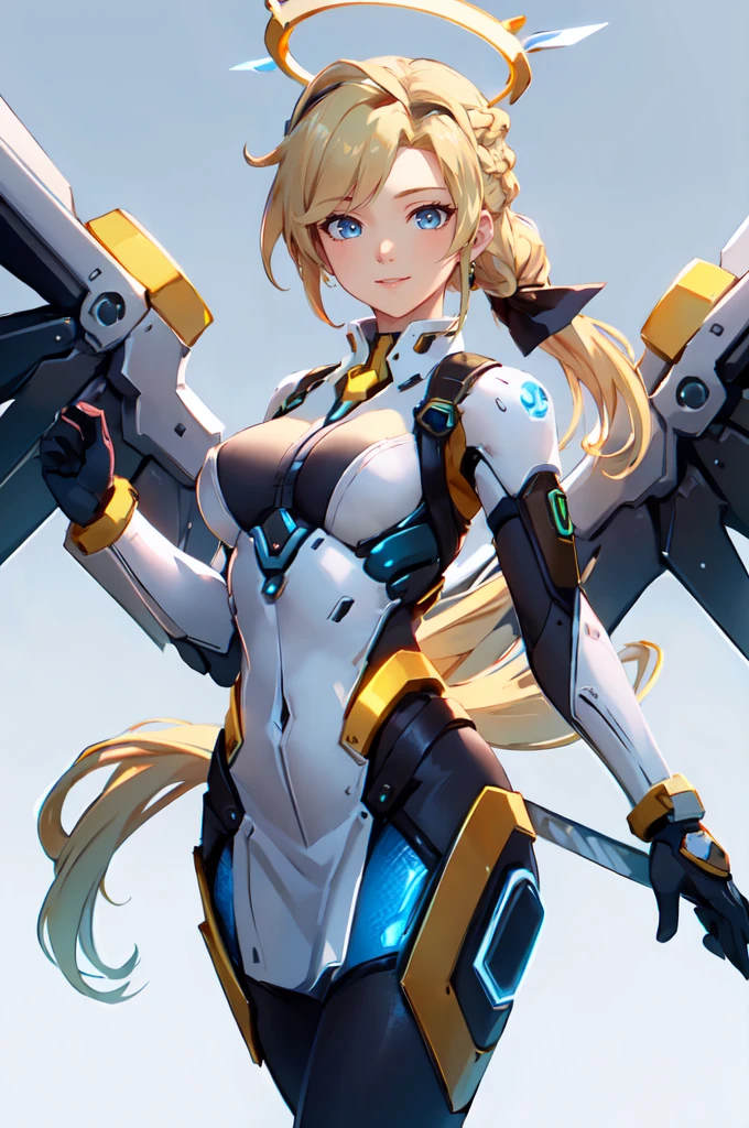 ultra detailed, masterpiece, best quality,
solo, cowboy shot, facing viewer, mercy \(overwatch\) \(cosplay\), mechanical halo, mechanical wings,
soft smile, light smile,
1girl, blue eyes, very long hair, blonde hair, long blonde hair, french braid, bangs, medium breasts,
hair ribbon, bodysuit, detached sleeves, sleeveless dress, <lora:owstyle resized:0.9> owstyle,