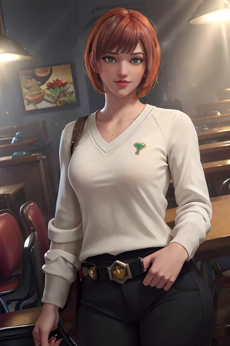 <lyco:epiCRealismHelper:.5> epiCRealism , yorumac, <lora:yorumacv2-lora-nochekaiser:1>, yoru mac,,orange hair,  short hair, bangs, (black eyes:1.5), blunt bangs, orange hair, bob cut, smile, (bright pupils:1.5), BREAK shirt, long sleeves, pants, sweater, grey pants, BREAK looking at viewer, (cowboy shot:1.5), BREAK indoors, restaurant, BREAK <lyco:GoodHands-beta2:1>, (masterpiece:1.2), best quality, high resolution, unity 8k wallpaper, (illustration:0.8), (beautiful detailed eyes:1.6), extremely detailed face, perfect lighting, extremely detailed CG, (perfect hands, perfect anatomy),<lyco:yorumacv2-lora-nochekaiser:0.7><lyco:Owstyle4-000009:.7>