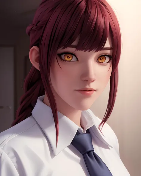 masterpiece, (photorealistic:1.4), best quality, beautiful lighting, (ulzzang-6500:0.5), makima \(chainsaw man\), (red hair)+(long braided hair)+(bangs), yellow eyes, golden eyes, ((ringed eyes)), (white shirt), (necktie), RAW photo, 8k uhd, film grain<lyco:owstyle5:1.4>
 <lyco:makima_offset:.7>