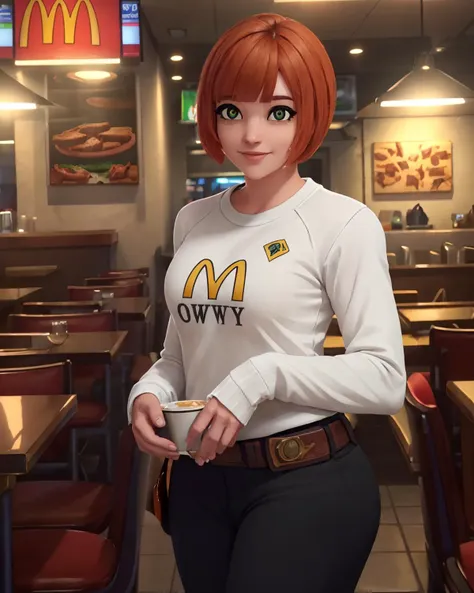 , yorumac, <lora:yorumacv2-lora-nochekaiser:1>, yoru mac,,orange hair,  short hair, bangs, (black eyes:1.5), blunt bangs, orange hair, bob cut, smile, (bright pupils:1.5), BREAK shirt, long sleeves, pants, sweater, grey pants,  looking at viewer, (cowboy shot:1.5), BREAK indoors, restaurant, mc donalds background  <lyco:GoodHands-beta2:1>, (masterpiece:1.2), best quality, high resolution, unity 8k wallpaper, (illustration:0.8), (beautiful detailed eyes:1.6), extremely detailed face, perfect lighting, extremely detailed CG, (perfect hands, perfect anatomy),<lyco:yorumacv2-lora-nochekaiser:0.7>
 <lyco:owstyle5:1.2>