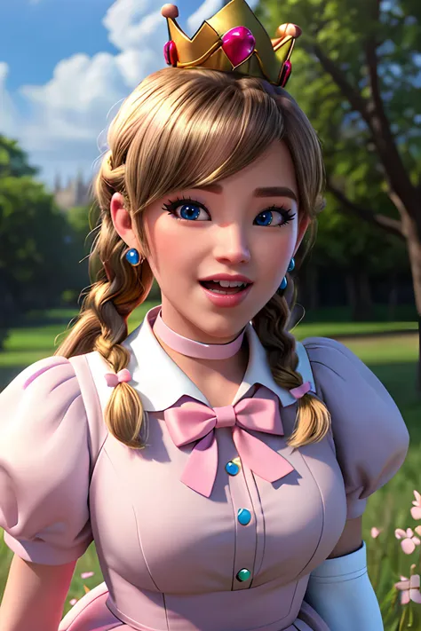 Peach_SMP, best quality, (masterpiece:1.5), (ultra-detailed), (high quality:1.3), (high resolution), , 1girl, blonde hair, blue eyes, bowtie, braid, braids, crown, dress, elbow gloves, gloves, grey eyes, heart, jewelry, long hair, looking at viewer, open mouth, peachette, pink bow, pink dress, puffy short sleeves, puffy sleeves, smile, solo, striped, super crown, twin braids, white gloves, glossy lips, castle, clouds, grass, cherry blossoms, glossy skin, oily skin, beautiful light, choker, detailled eyes,  <lyco:PrincessPeach1:0.6><lyco:OWstylev.3:0.5>